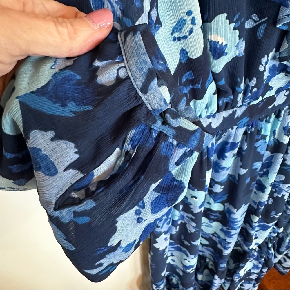 J.Crew Women’s Long Sleeve Ruffle Blue Midi Faux Wrap Dress Floral Watercolor 2 - Picture 7 of 9